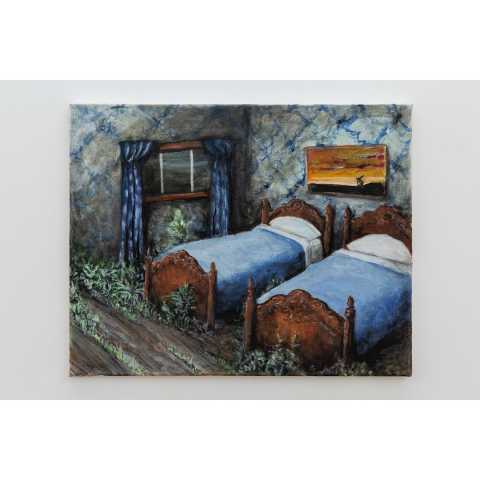 Robert Hawkins, Abandoned Motel Room with Hawkins Painting, Oil on canvas, 40cm x 50cm, 2020