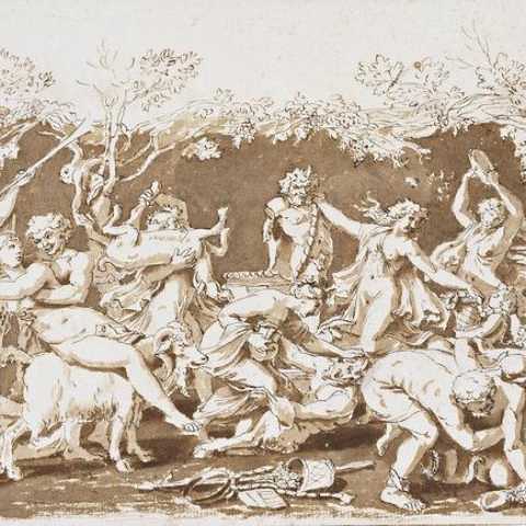 Nicolas Poussin, The Triumph of Pan, c. 1636, Pen and ink with wash over stylus and black chalk, 581 x 410 x 29 mm. Lent by Her Majesty the Queen. The Royal Collection © 2011 Her Majesty Queen Elizabeth II