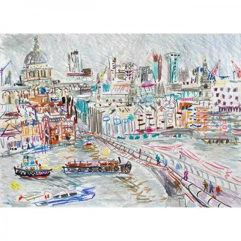 Anna Dickerson. The wobbly bridge from the 6th floor of Tate Modern, London, oil, wax pastels and pencils on paper, 24 x 33cm