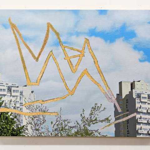 Acrylic painting of the top of two housing blocks on a cloudy day, with tree tops peaking through the left corner of the painting. Gold abstract graffiti marks are etched into the middle of the painting.