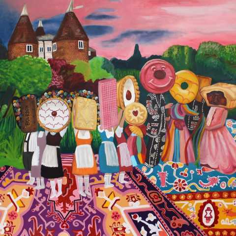 Colourful oil painting of a group of individuals with cakes for heads. There is an oast house in the background