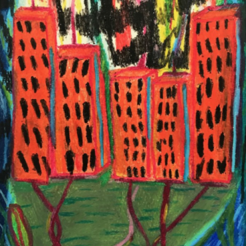 Elina Flyrin, Calling from the Third Floor, Oil pastel on paper