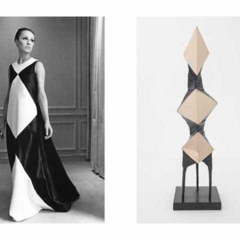 Halston harlequin dress from his first collection at Bergdorf Goodman in New York 1966 and Lynn Chadwick Diamond Trigon I, 1970, Bronze, Edition of 6.