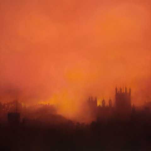 Jenny Pockley, Westminster Firestorm, 2014, oil on gesso, 150 x 160 cm.