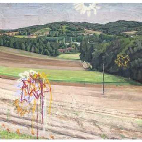 Le Grand Champ with Sun and Sunflowers, 2012, Concrete, acrylic, oil & spray paint on canvas, 198 x 427 cm (c) David Hepher, courtesy of Flowers Gallery
