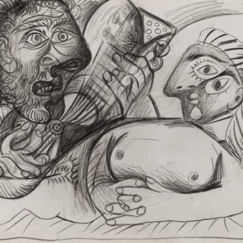 Pablo PICASSO, Homme à la guitare et nu couché (Homme et nu allongé), 1970 Pencil on paper 27 x 37 cm