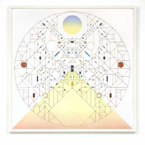 TECHNOLOGICAL MANDALA 105 [MOUNTAIN SOLSTICE] (2017), ELECTRONIC COMPONENTS, COOPER WIRE, PAPER, ACRYLIC PAINT, WOOD FRAME, 84X84X4.7CM