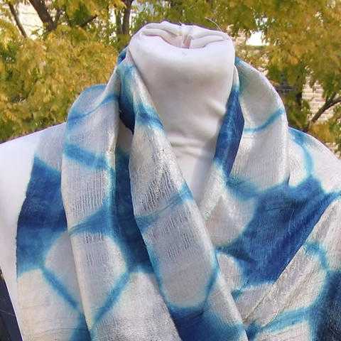 Hand-dyed indigo shibori raw silk scarf