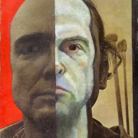 Self Portrait (split), 1977, oil, charcoal, photograph on gesso on canvas