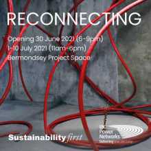 Reconnecting Exhibition Flyer. With image of Hugo Lami's sculpture using red pipes and wires.