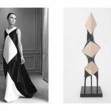 Halston harlequin dress from his first collection at Bergdorf Goodman in New York 1966 and Lynn Chadwick Diamond Trigon I, 1970, Bronze, Edition of 6.