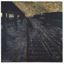 Herndon Railway, 18 August 1988, Latex and tar on canvas, 96 x 96 in. © the artist, Courtesy Huxley-Parlour Gallery